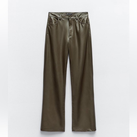 Zara High Waist Khaki Green Faux Leather Straight Wide Leg Trousers  size L , - Picture 6 of 6